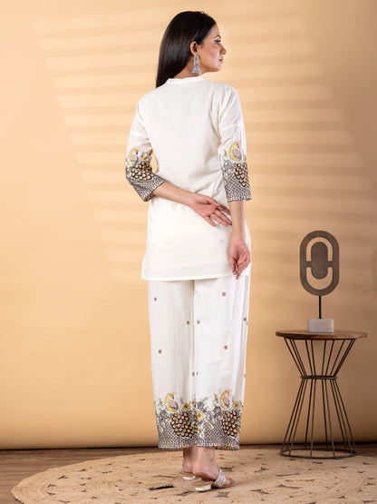 Women’s White Kurta Set with Embroidery & Printed Pants – Ethnic Wear