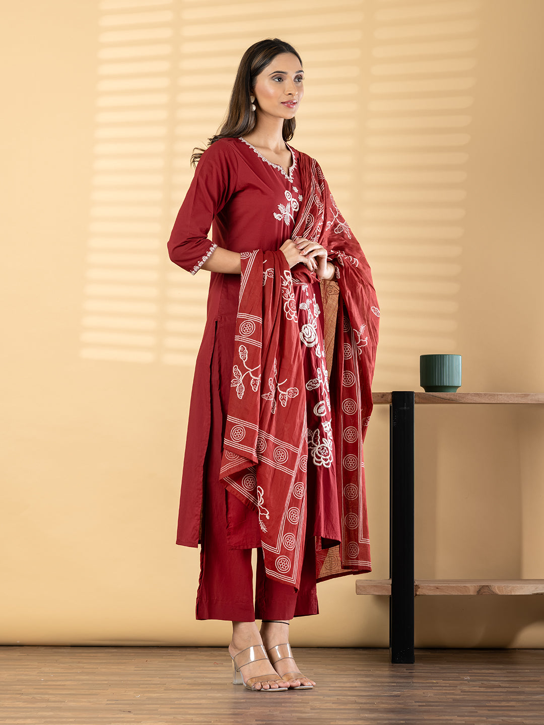 Red Embroidered Kurta Set with Dupatta for Women