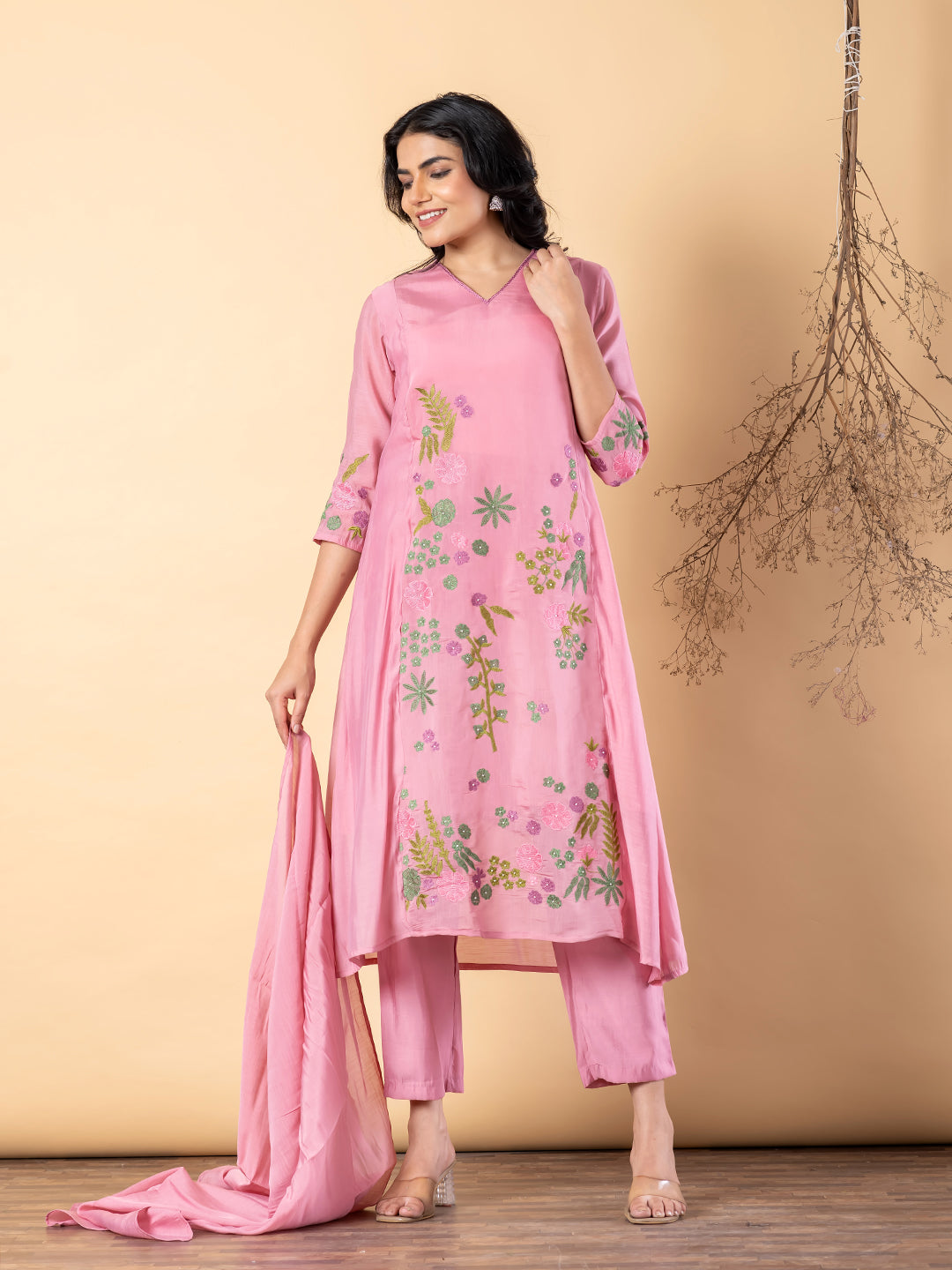 Women’s Pink Embroidered Kurta Set with Dupatta & Pants