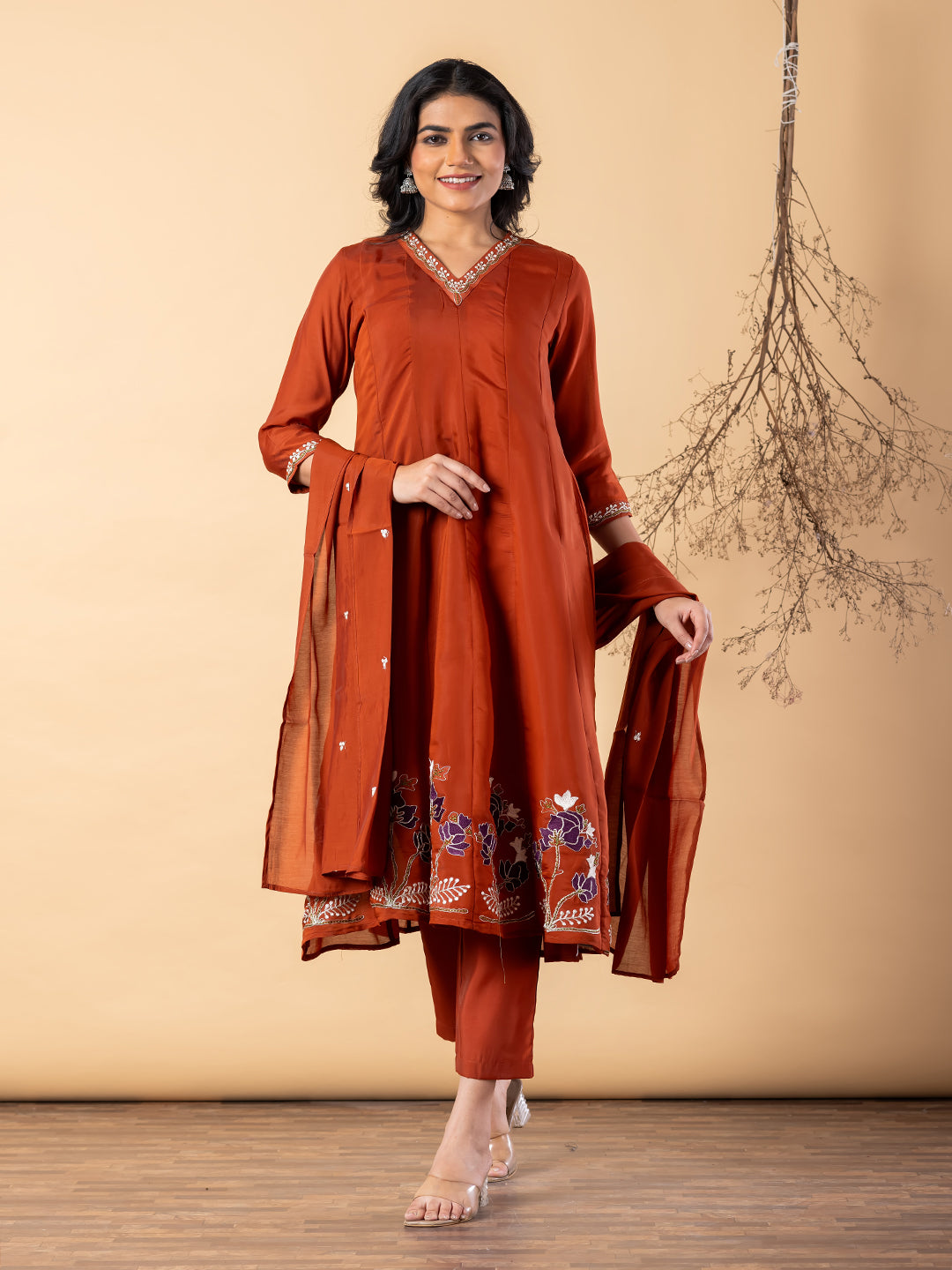 Elegant Rust Anarkali Suit with Floral Embroidery & Dupatta