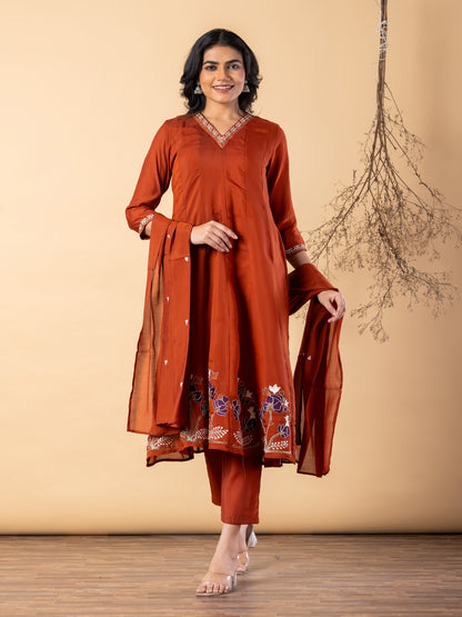 Elegant Rust Anarkali Suit with Floral Embroidery & Dupatta