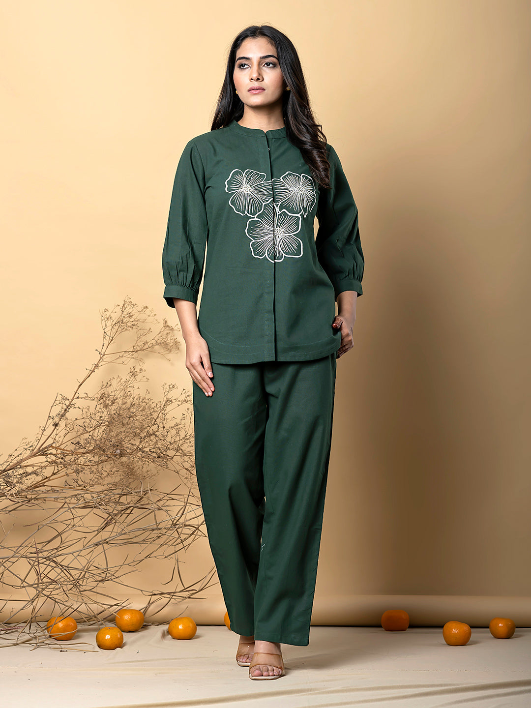Women’s Forest Green Embroidered Co-Ord Set with Floral Motif