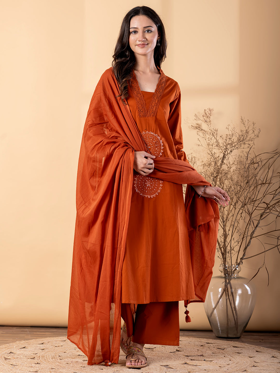 Women’s Rust Orange Kurta Set with Dupatta & Embroidery