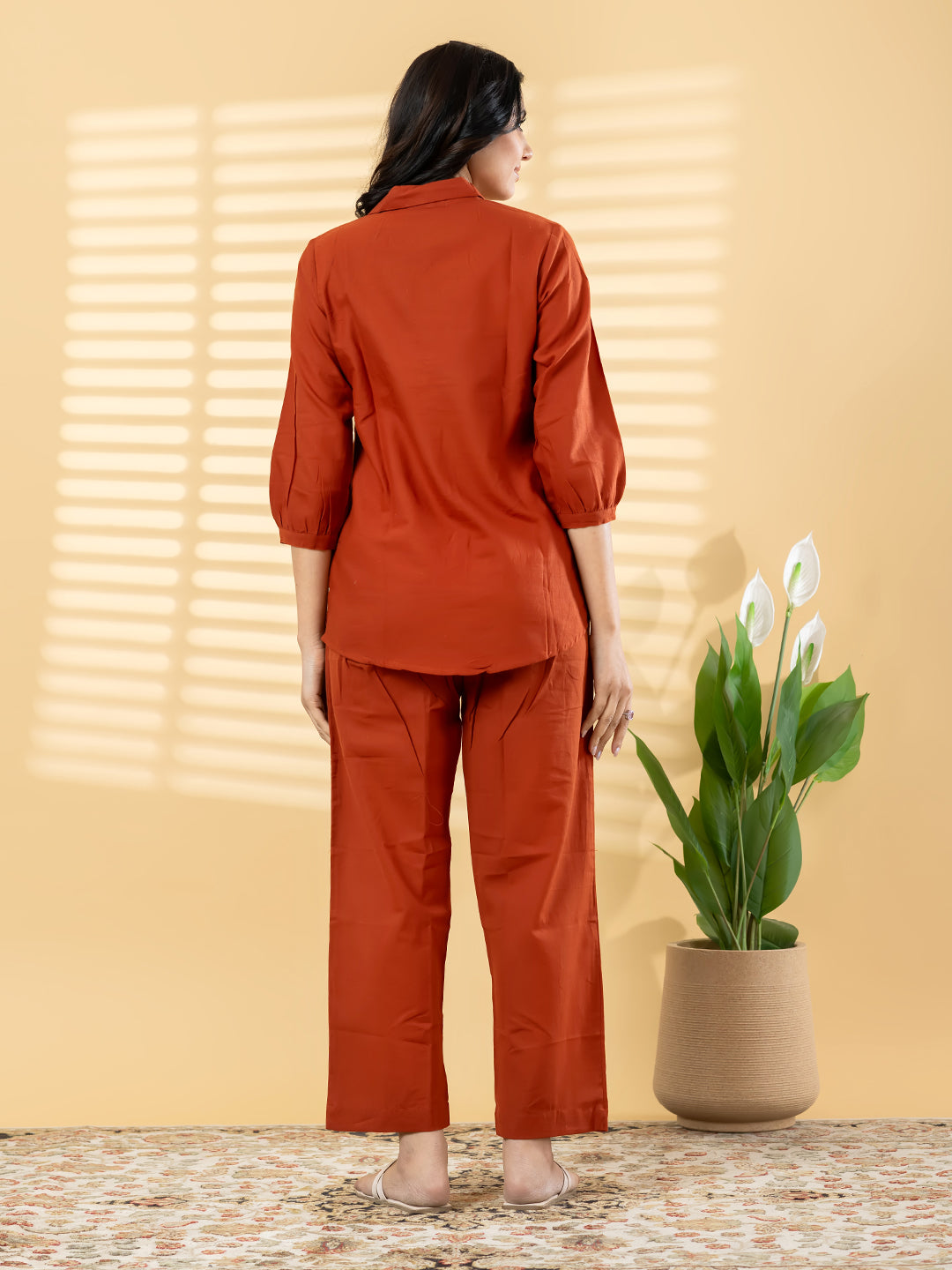 Rust Orange Embroidered Kurta Pant Set for Women with Floral Detailing