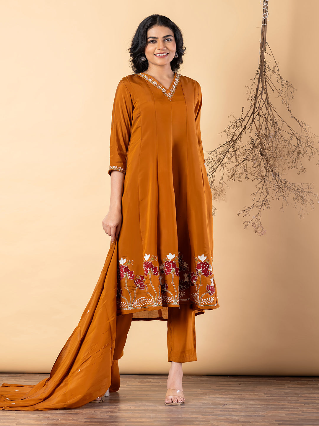 Women’s Mustard Kurta Set with Dupatta & Floral Embroidery
