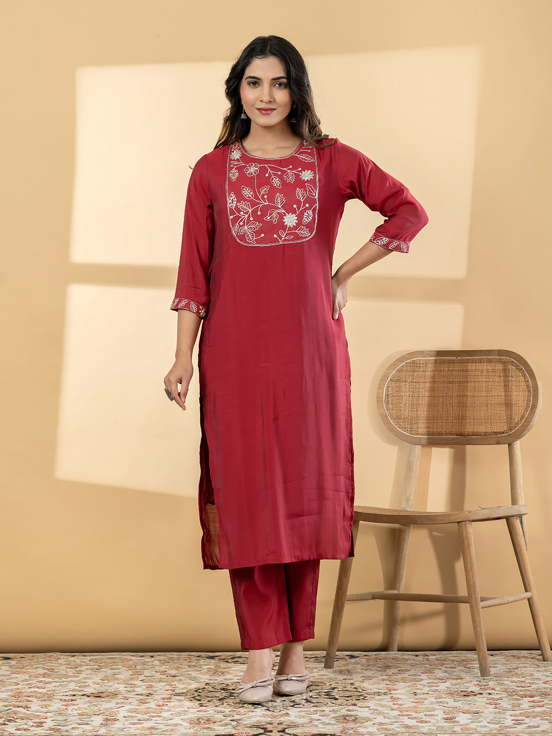 Women’s Red Embroidered Kurta Set with Dupatta & Pants