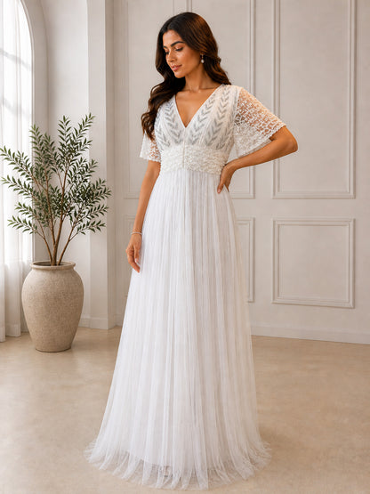 Women's Elegant White Embellished Tulle Maxi Dress with Lace Sleeves & V-Neck