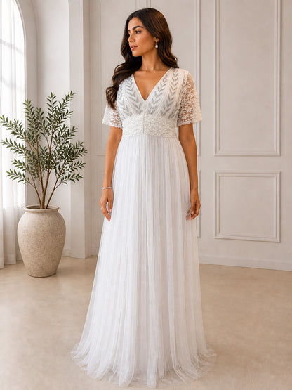 Women's Elegant White Embellished Tulle Maxi Dress with Lace Sleeves & V-Neck