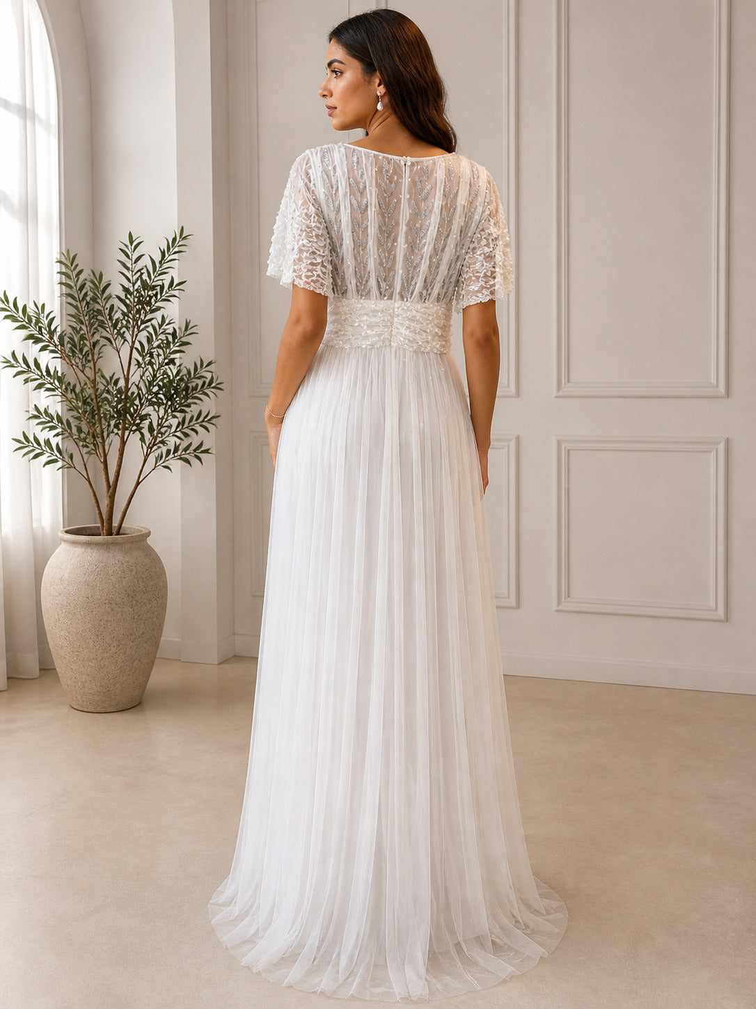 Women's Elegant White Embellished Tulle Maxi Dress with Lace Sleeves & V-Neck