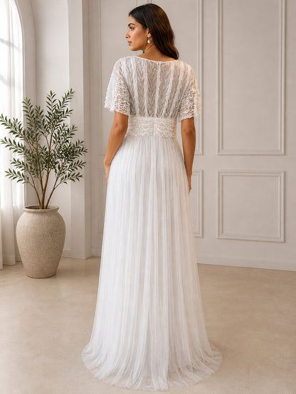 Women's Elegant White Embellished Tulle Maxi Dress with Lace Sleeves & V-Neck