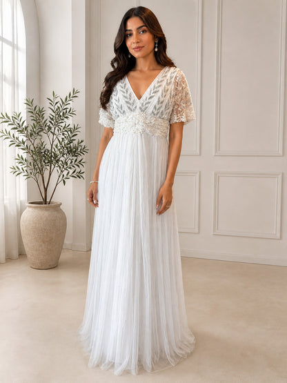Women's Elegant White Embellished Tulle Maxi Dress with Lace Sleeves & V-Neck