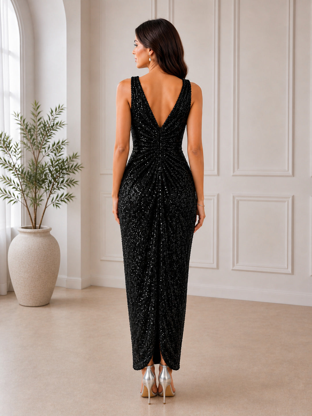 Women's Black Sequin V-Neck Midi Cocktail Evening Party Dress