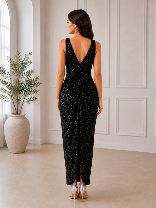 Women's Black Sequin V-Neck Midi Cocktail Evening Party Dress