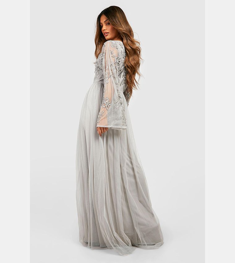 Elegant Silver Grey Embellished Maxi Dress with Sheer Bell Sleeves
