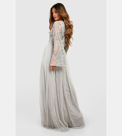 Elegant Silver Grey Embellished Maxi Dress with Sheer Bell Sleeves