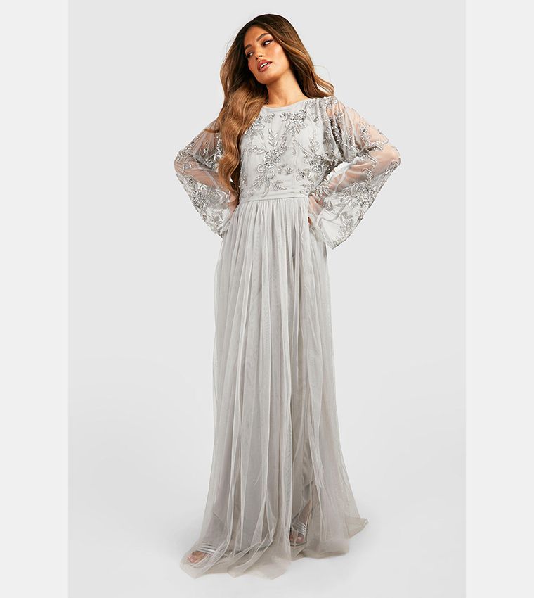 Elegant Silver Grey Embellished Maxi Dress with Sheer Bell Sleeves