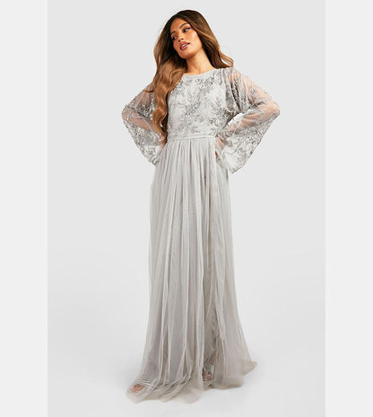 Elegant Silver Grey Embellished Maxi Dress with Sheer Bell Sleeves