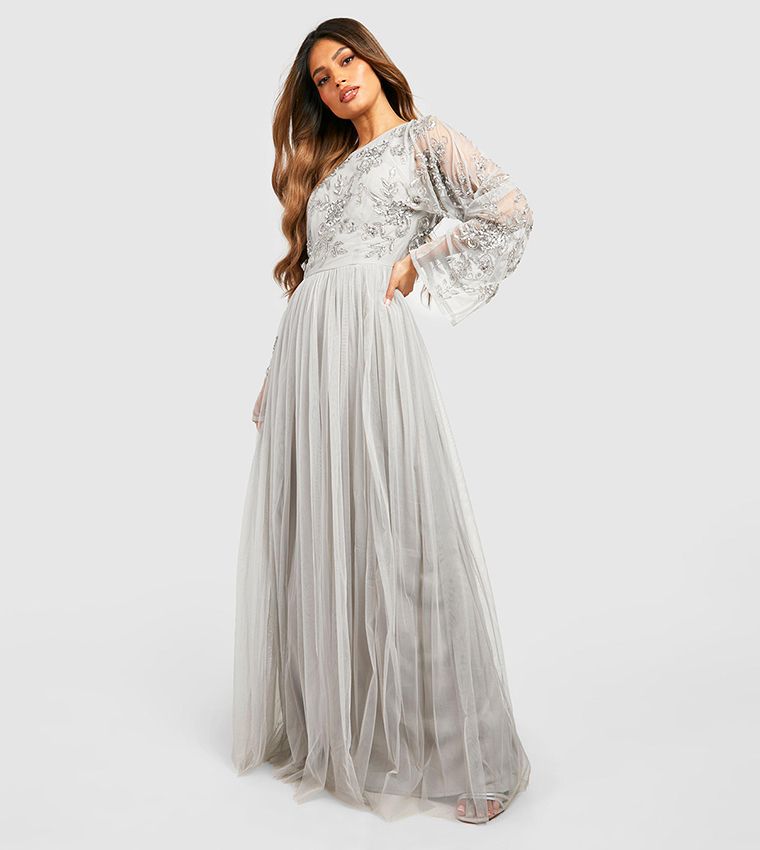 Elegant Silver Grey Embellished Maxi Dress with Sheer Bell Sleeves