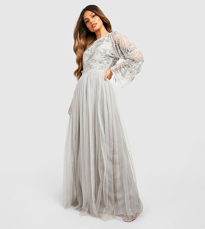 Elegant Silver Grey Embellished Maxi Dress with Sheer Bell Sleeves