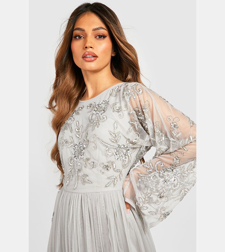 Elegant Silver Grey Embellished Maxi Dress with Sheer Bell Sleeves