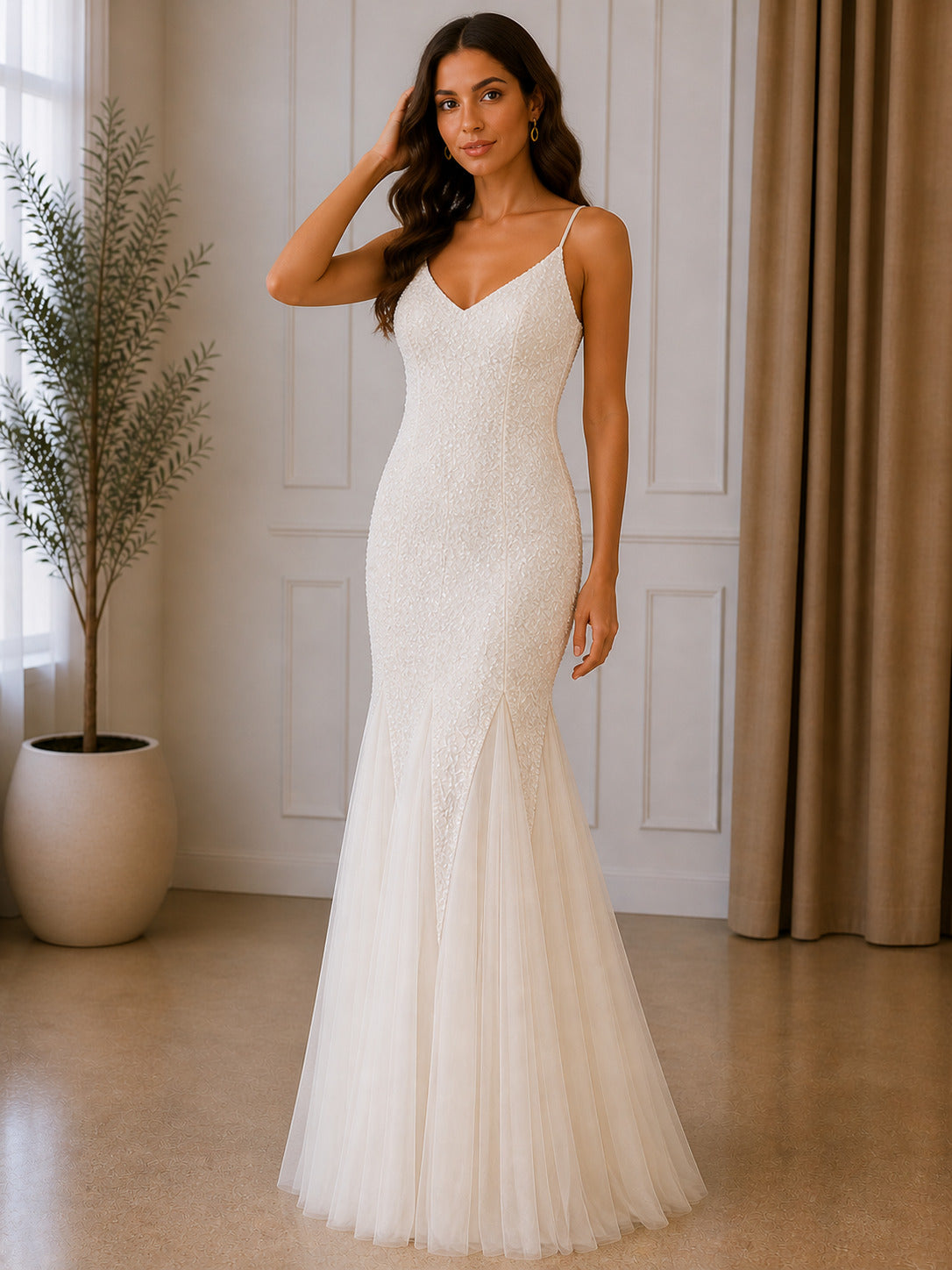 Elegant Ivory Mermaid Wedding Dress with Spaghetti Straps & Lace Bodice
