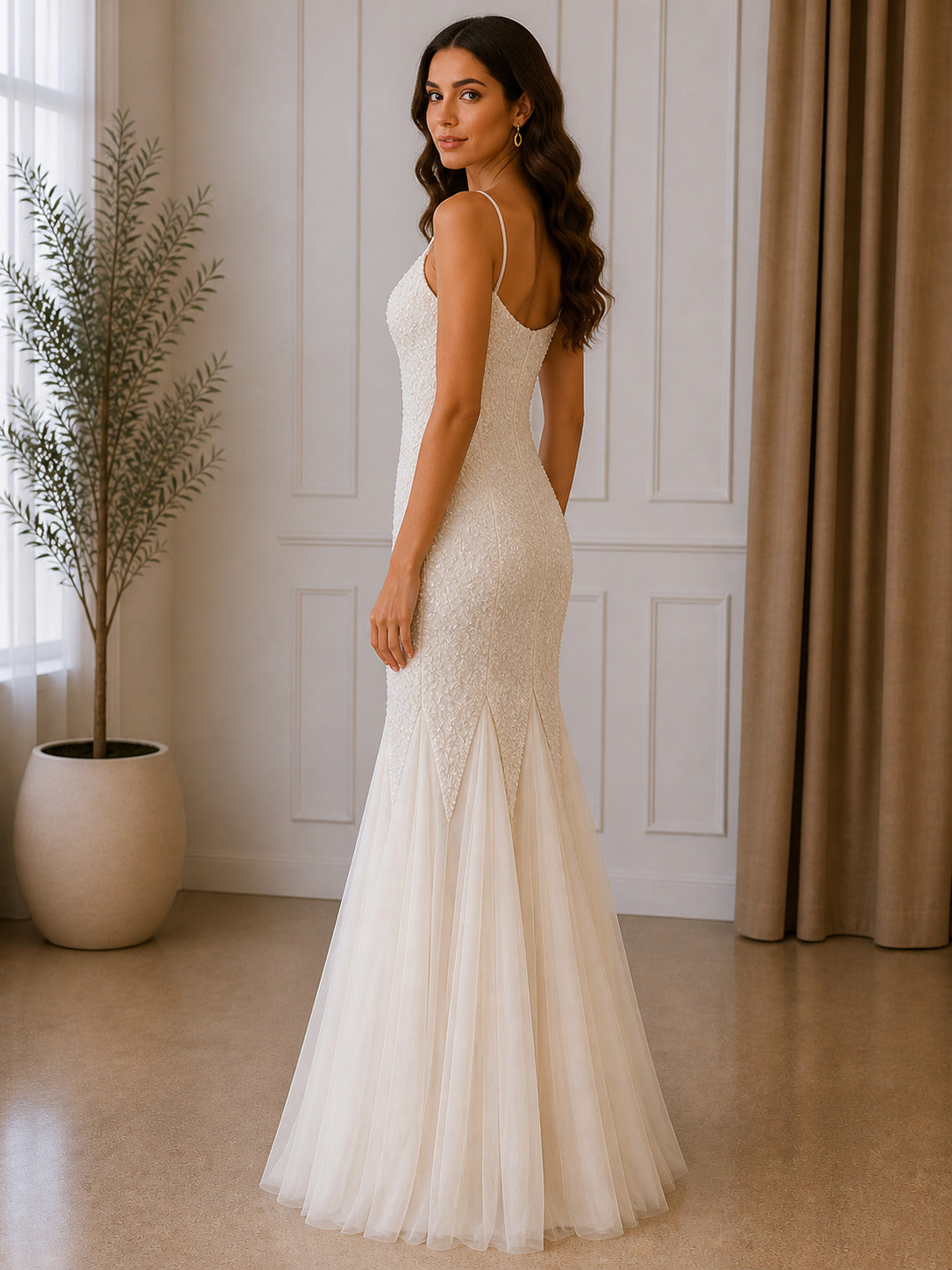 Elegant Ivory Mermaid Wedding Dress with Spaghetti Straps & Lace Bodice