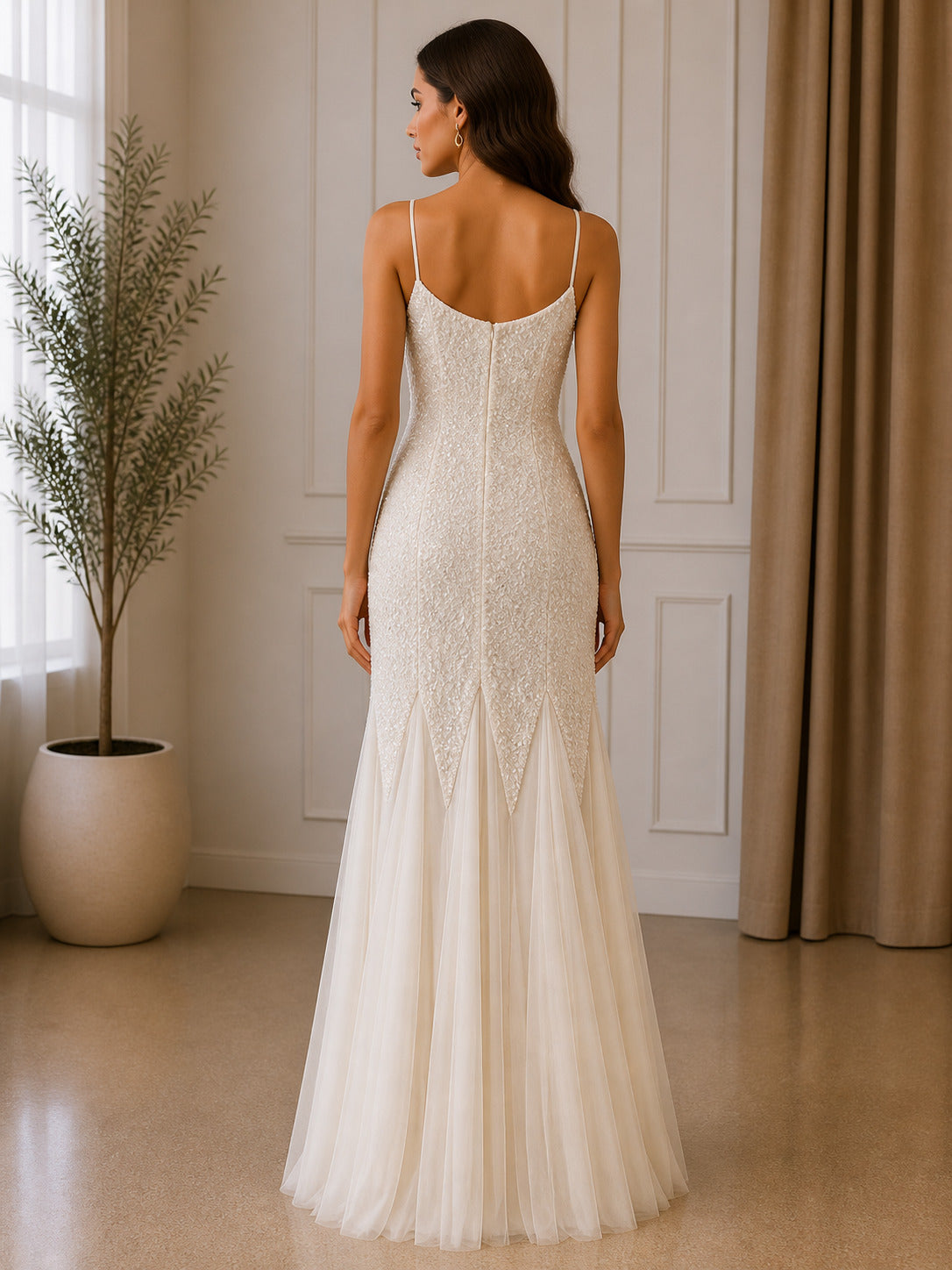Elegant Ivory Mermaid Wedding Dress with Spaghetti Straps & Lace Bodice