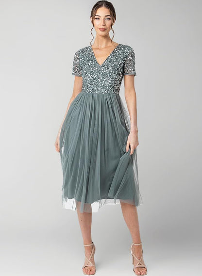 Sage Green Sequin Bodice Tulle Midi Dress | Elegant Party & Occasion Wear