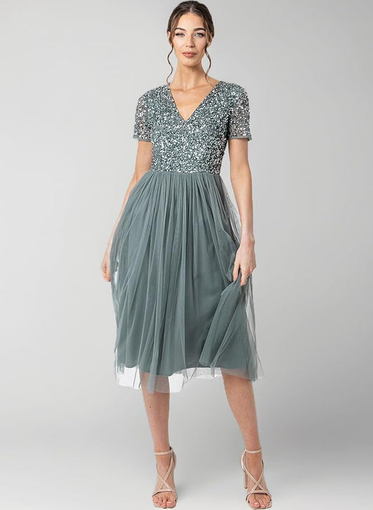 Sage Green Sequin Bodice Tulle Midi Dress | Elegant Party & Occasion Wear