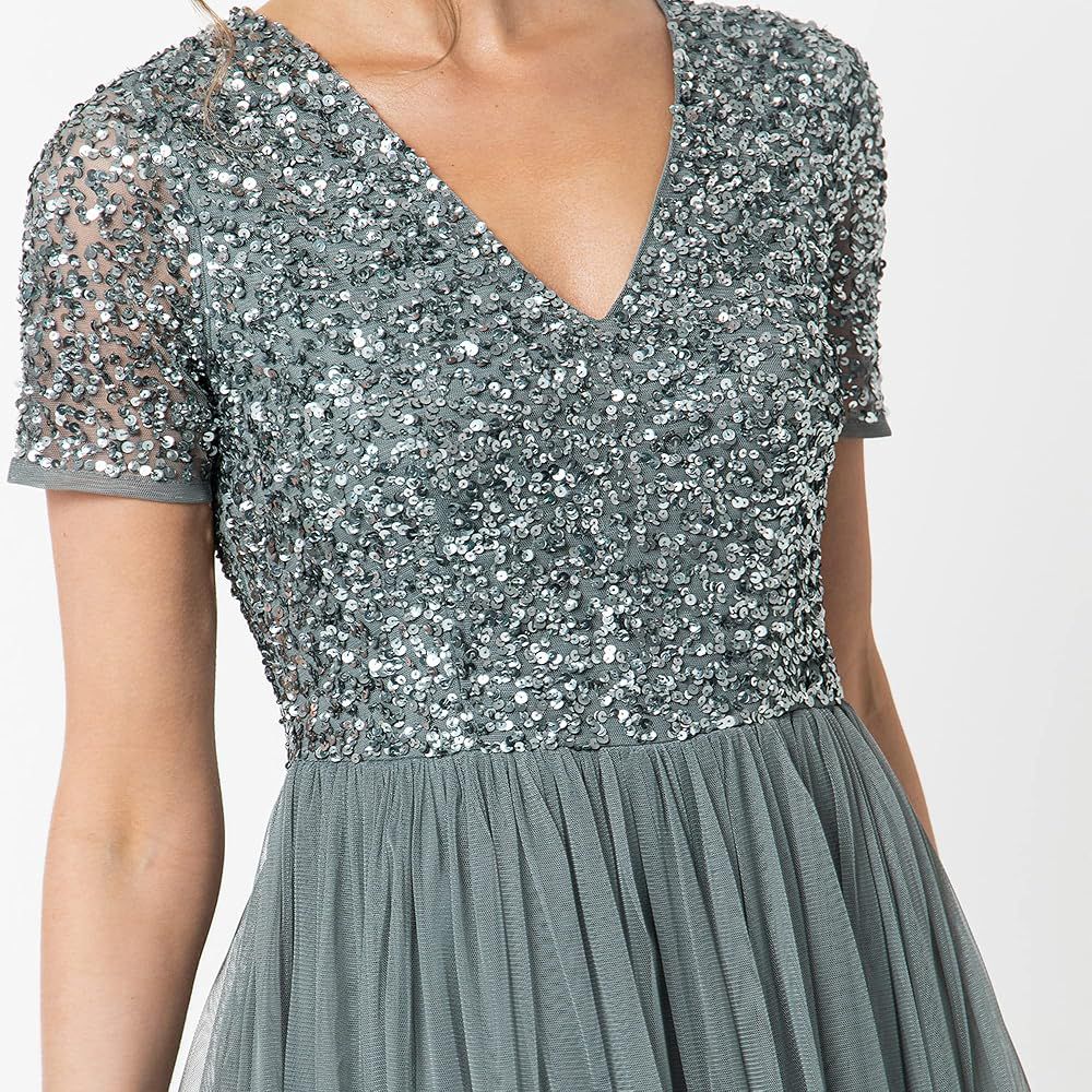 Sage Green Sequin Bodice Tulle Midi Dress | Elegant Party & Occasion Wear