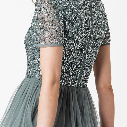 Sage Green Sequin Bodice Tulle Midi Dress | Elegant Party & Occasion Wear