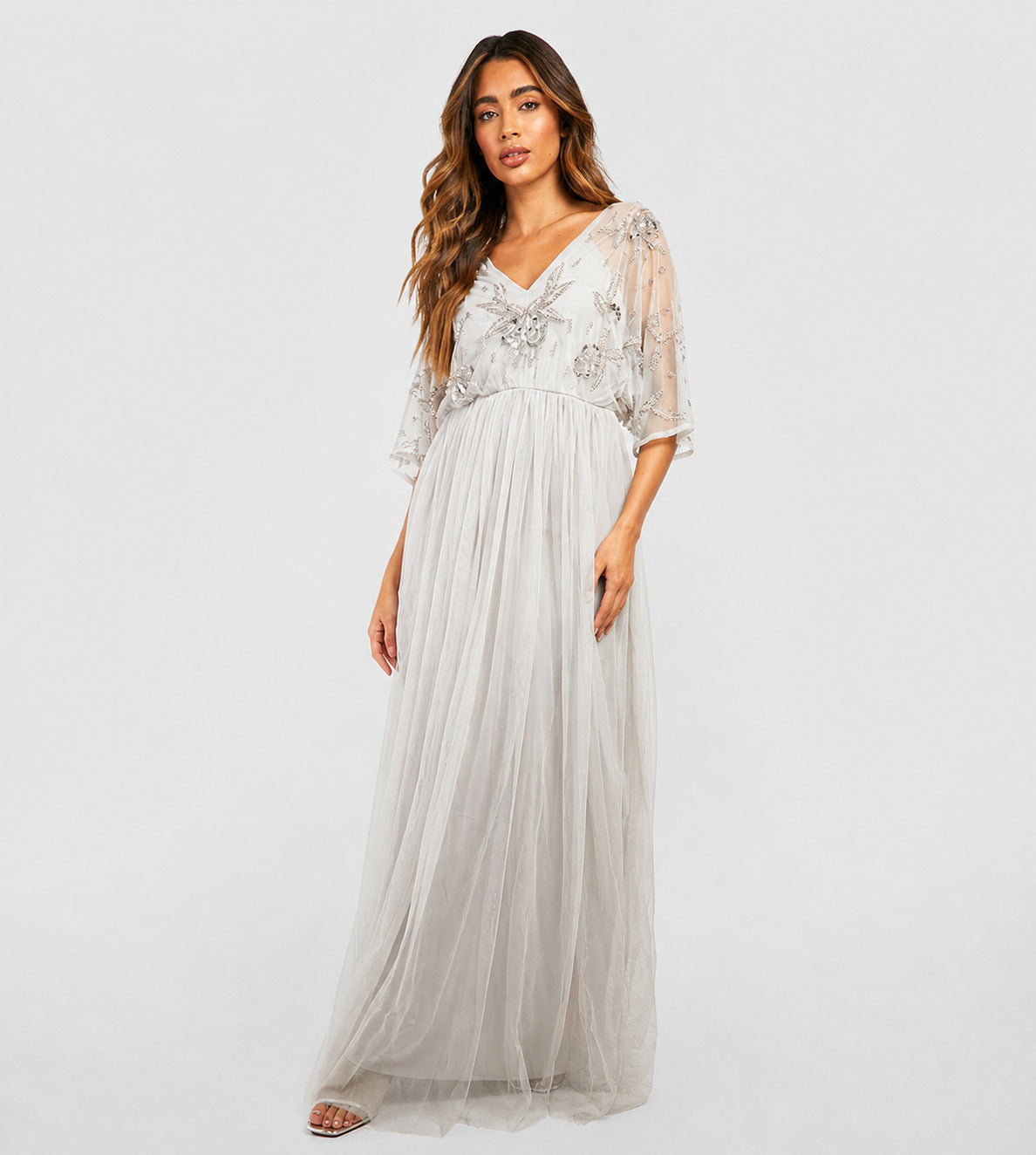 Women's Embellished V-Neck Tulle Maxi Dress – Ivory