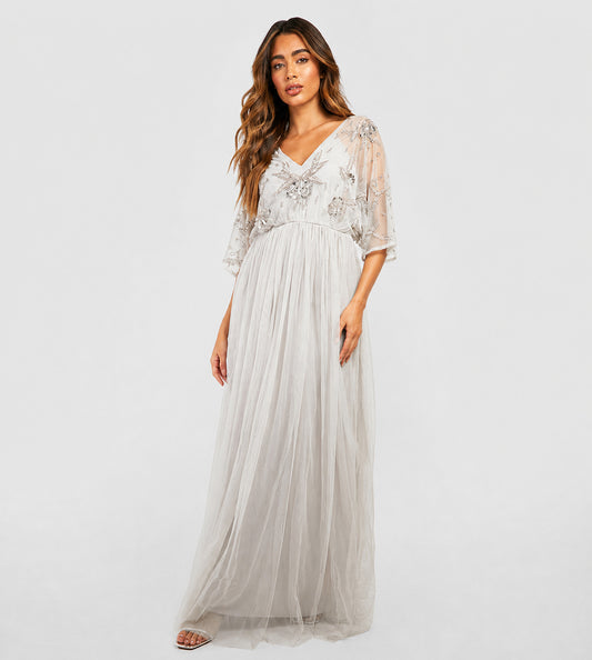 Women's Embellished V-Neck Tulle Maxi Dress – Ivory