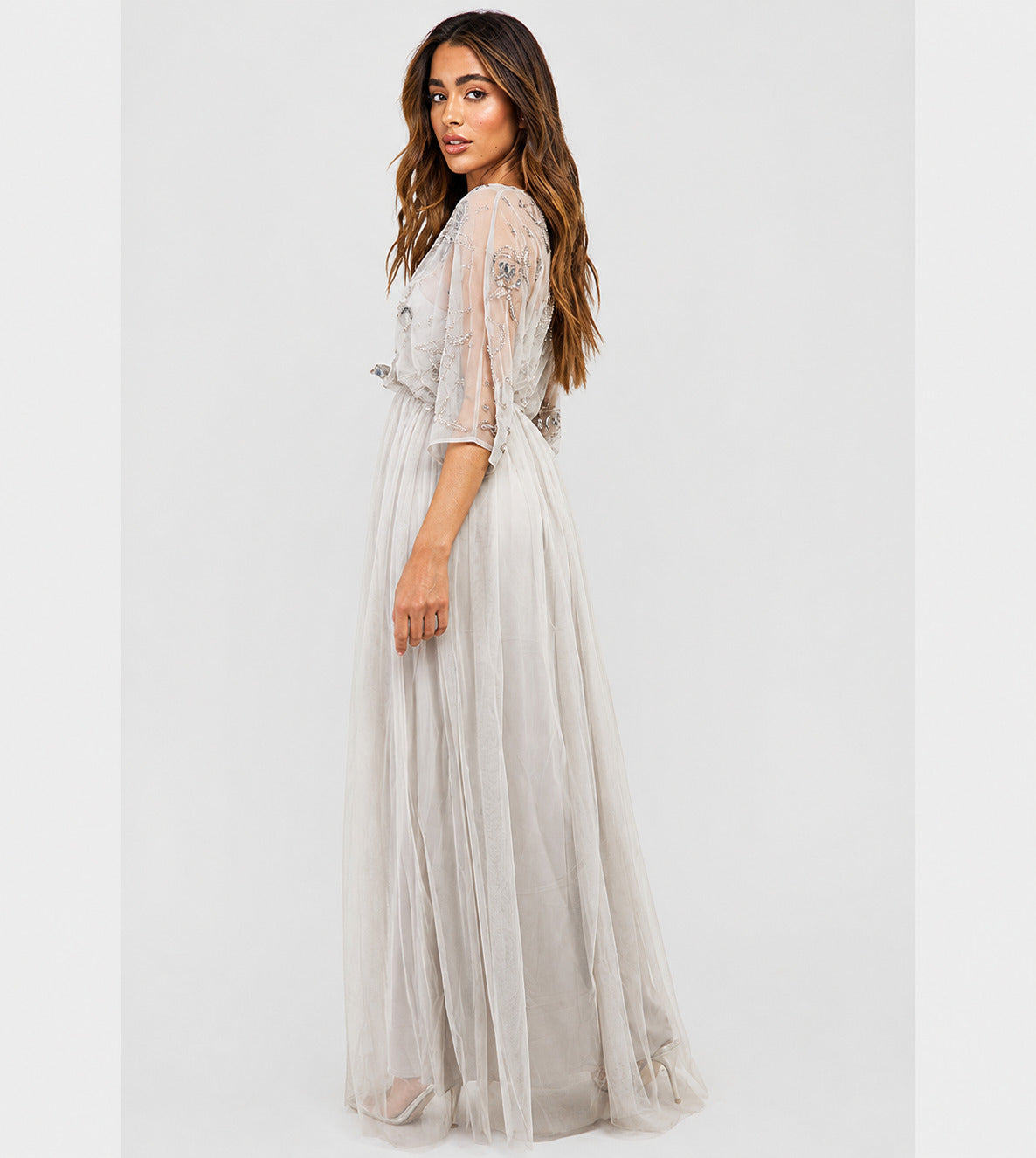Women's Embellished V-Neck Tulle Maxi Dress – Ivory