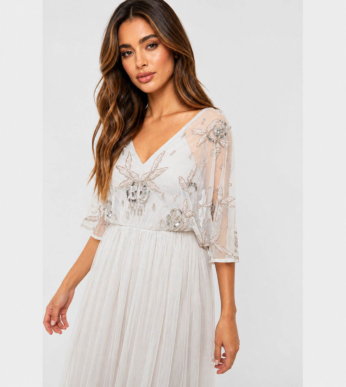 Women's Embellished V-Neck Tulle Maxi Dress – Ivory