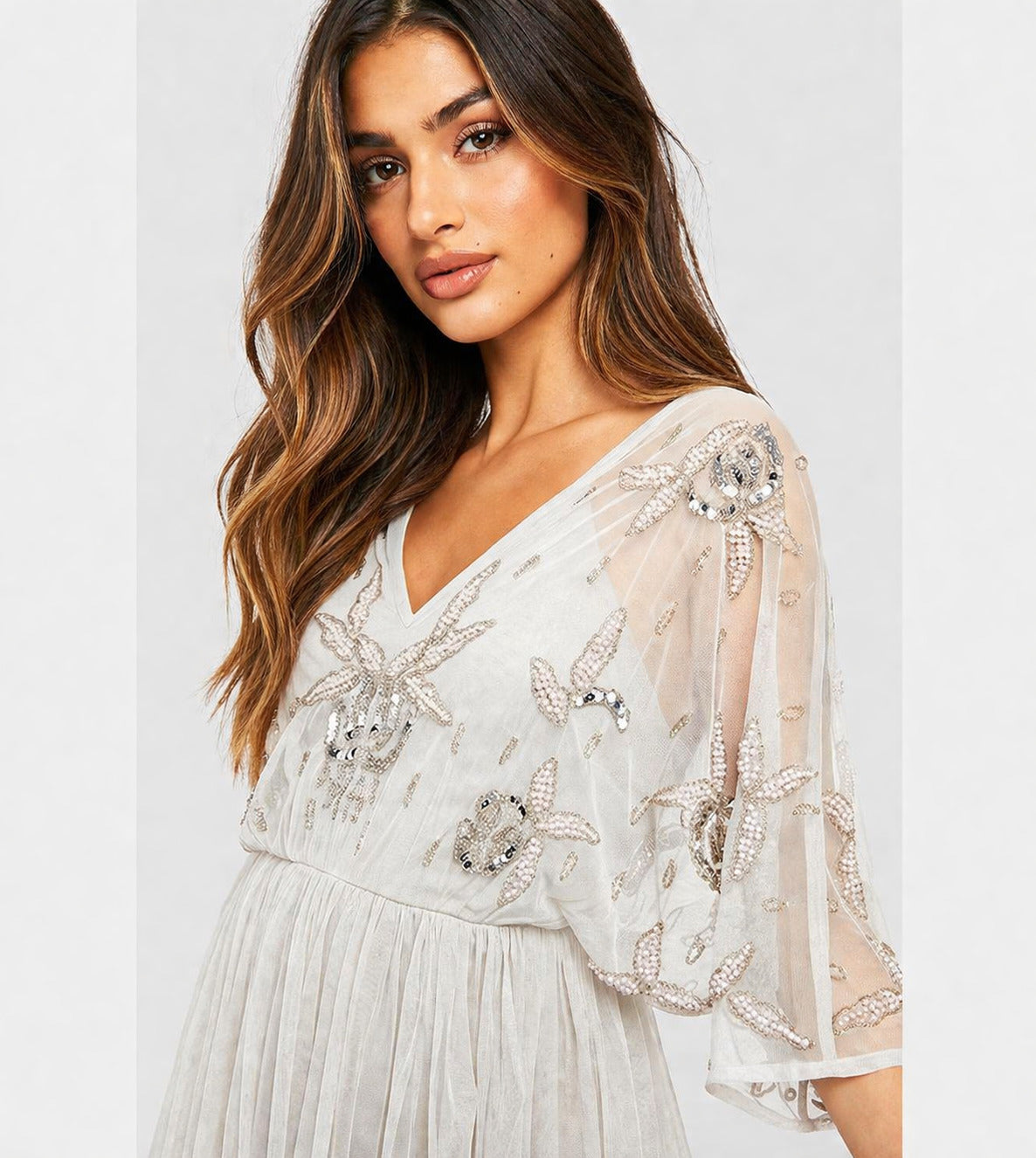 Women's Embellished V-Neck Tulle Maxi Dress – Ivory