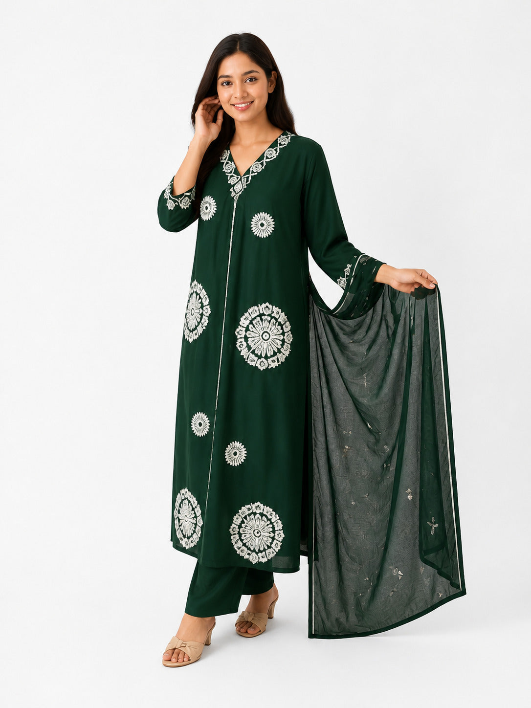Women’s Dark Green Embroidered Kurta Set with Dupatta – Ethnic Straight Fit Suit