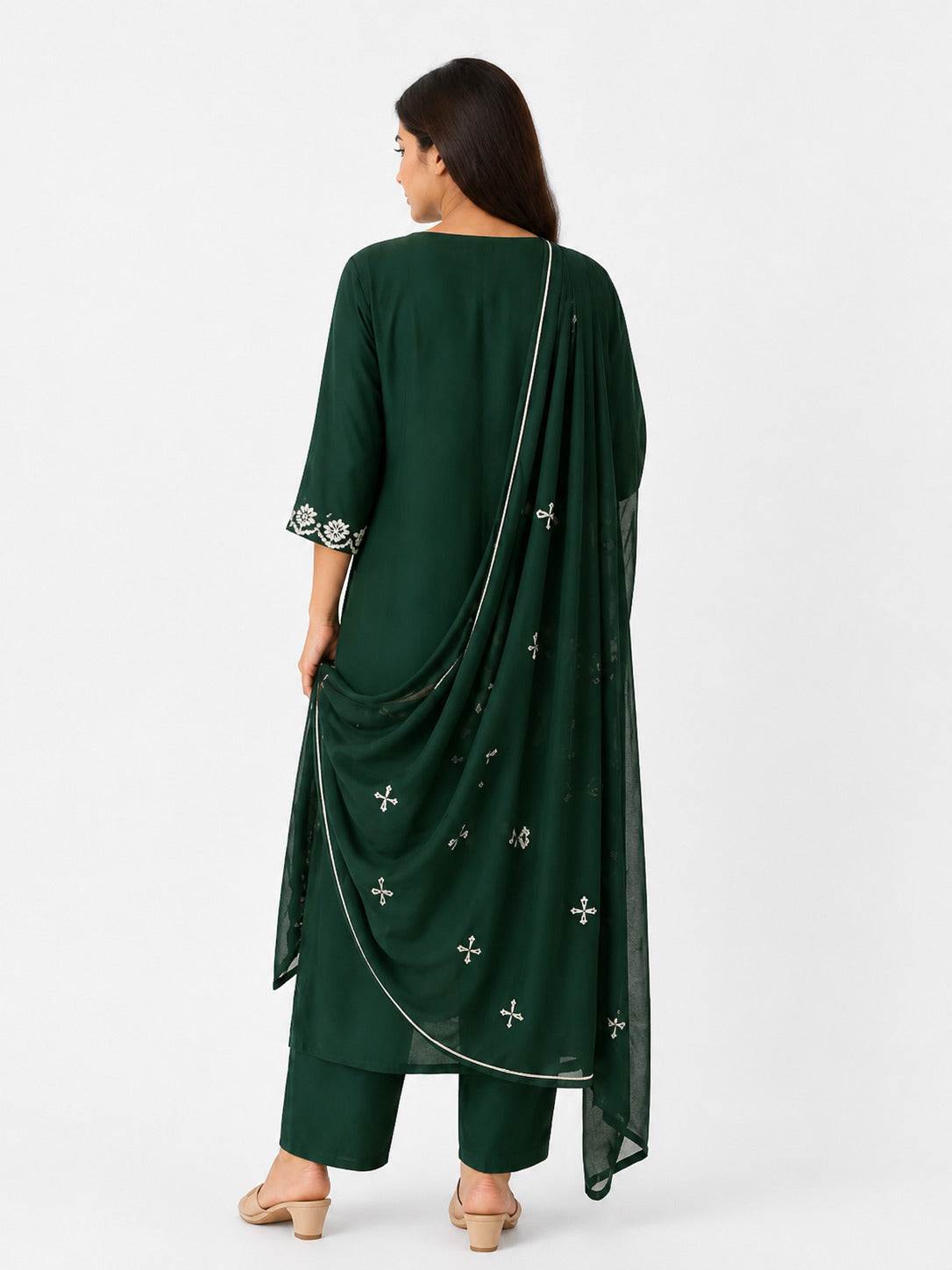 Women’s Dark Green Embroidered Kurta Set with Dupatta – Ethnic Straight Fit Suit