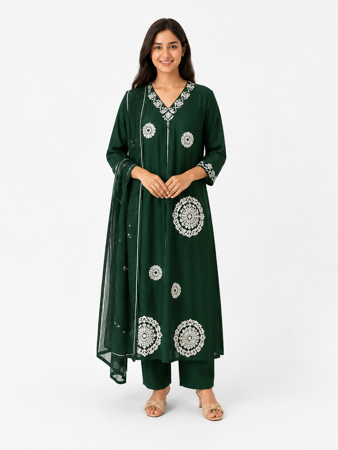 Women’s Dark Green Embroidered Kurta Set with Dupatta – Ethnic Straight Fit Suit
