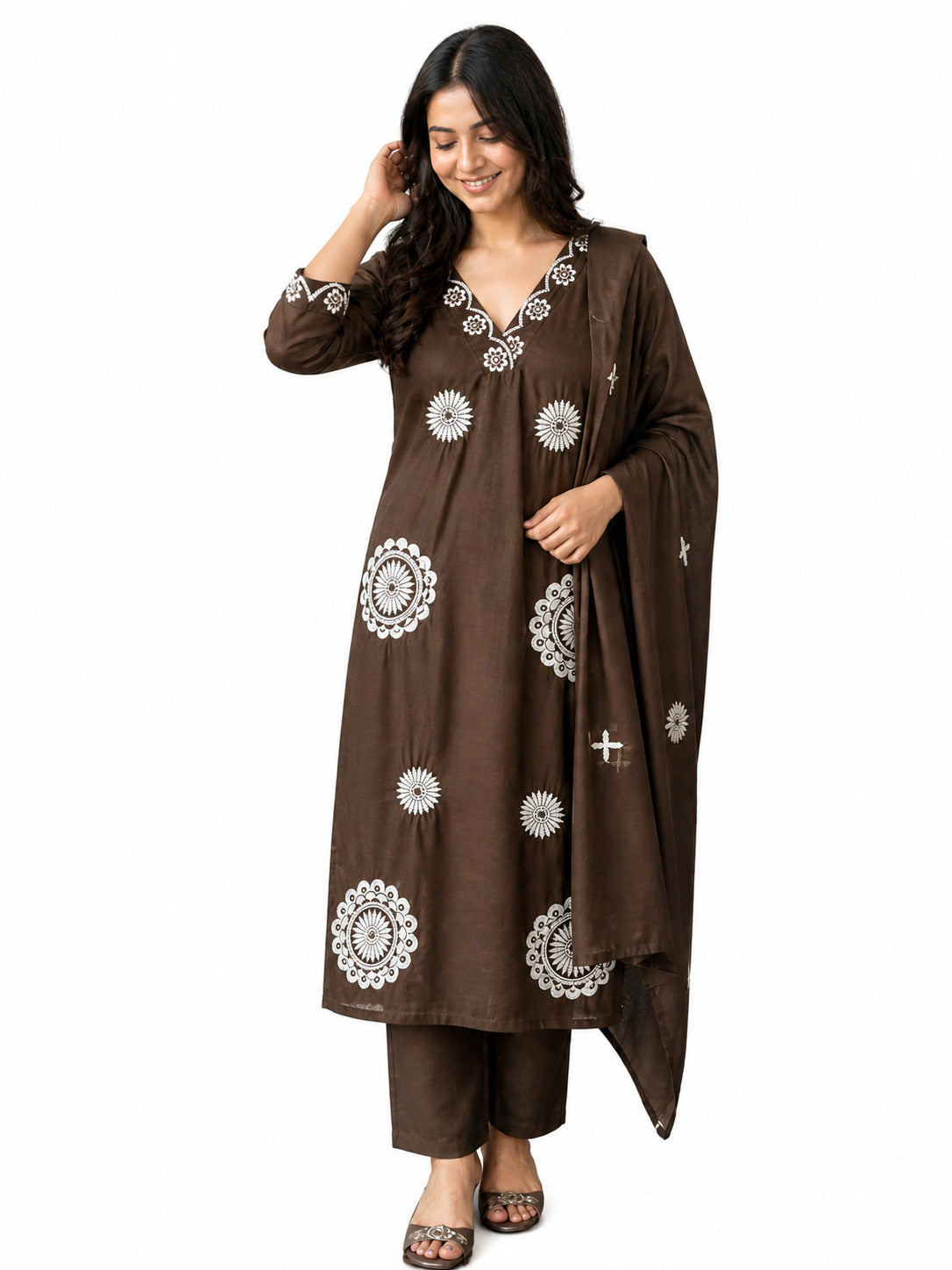 Brown Floral Printed Kurta Pant Dupatta Set for Women | Ethnic Straight Suit Set