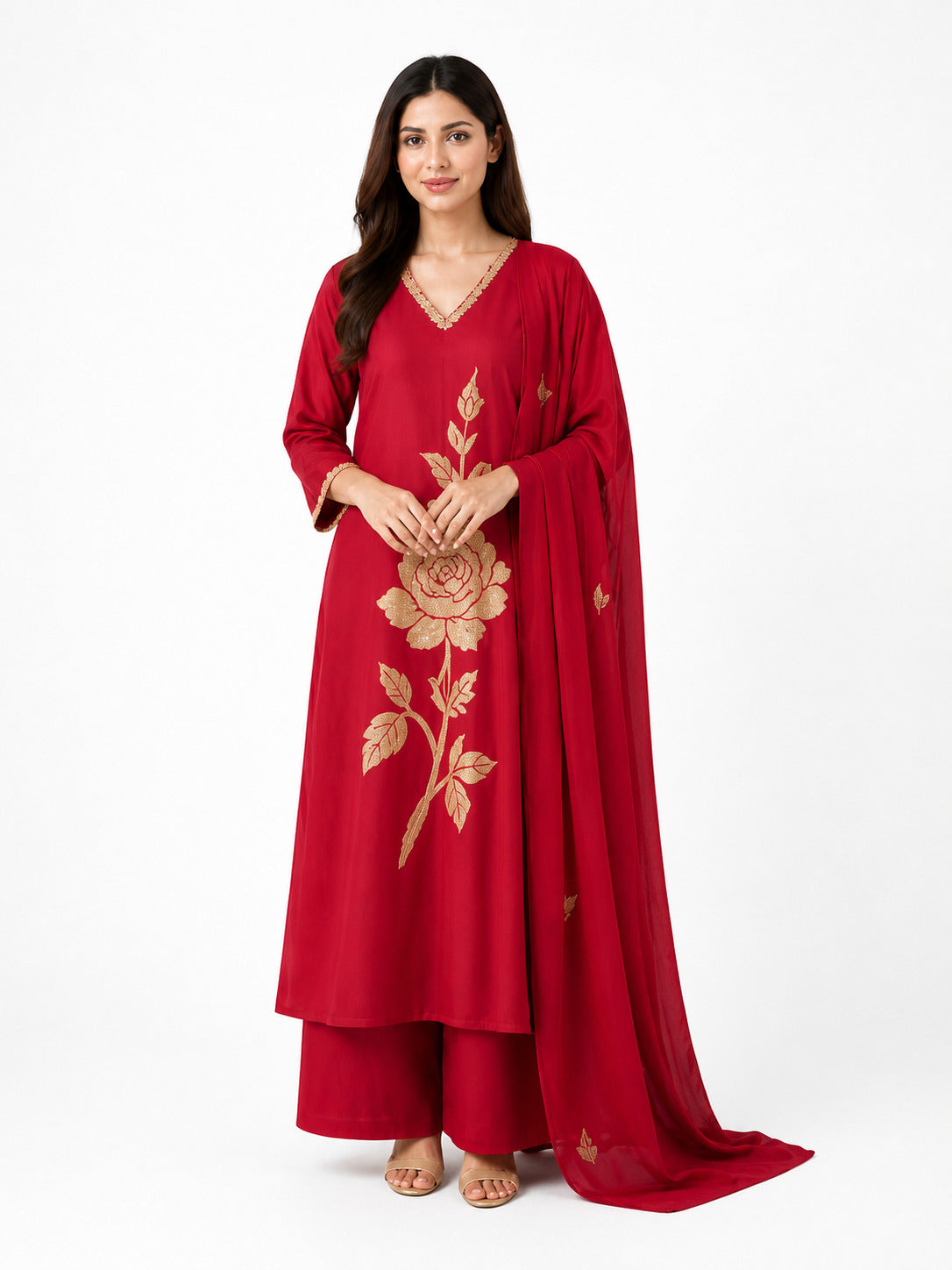 Elegant Red Floral Embroidered Kurta Palazzo Set with Dupatta for Women