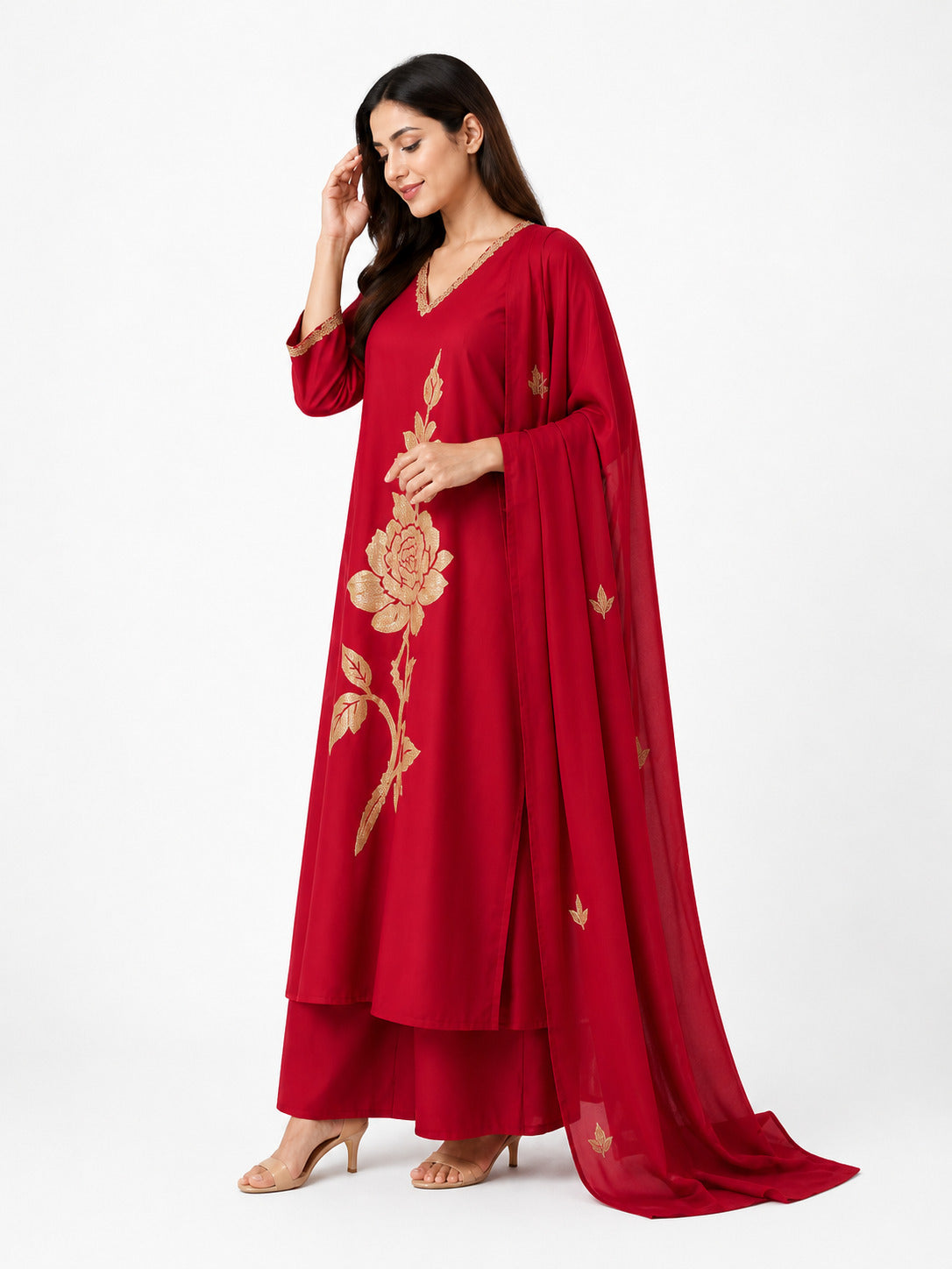 Elegant Red Floral Embroidered Kurta Palazzo Set with Dupatta for Women