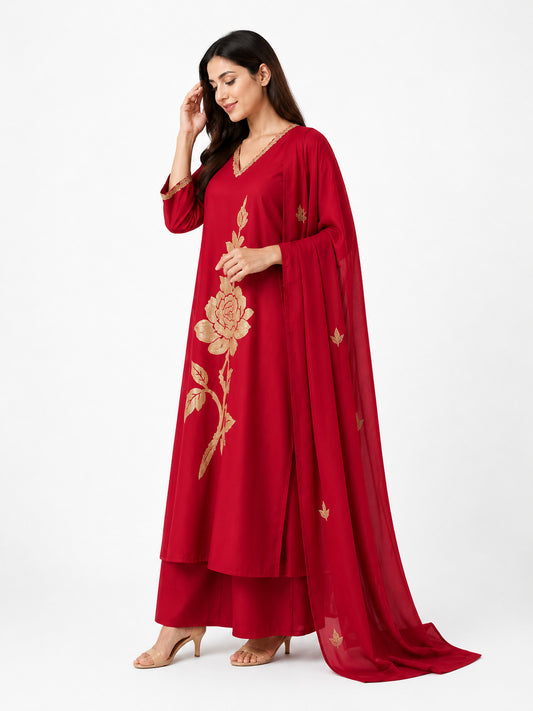 Elegant Red Floral Embroidered Kurta Palazzo Set with Dupatta for Women