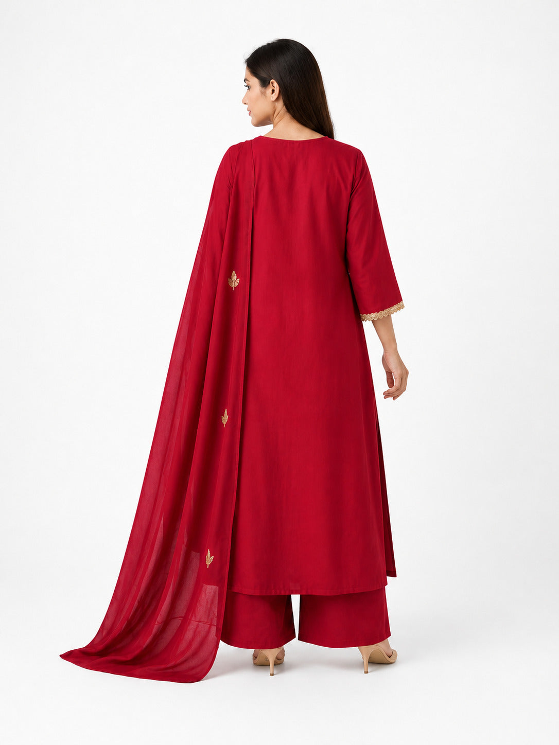 Elegant Red Floral Embroidered Kurta Palazzo Set with Dupatta for Women