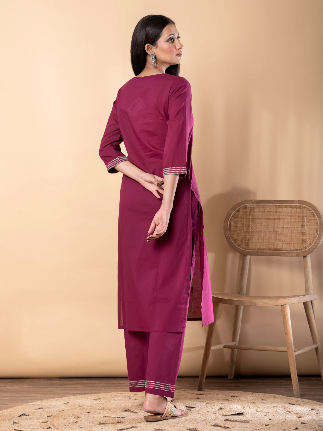 Women’s Maroon Kurta Set with Embroidery & Pants – Ethnic Wear