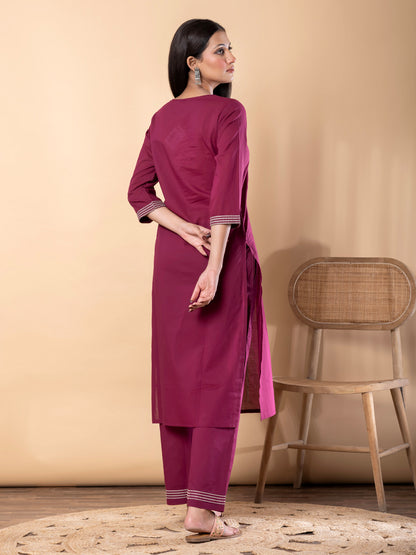 Women’s Maroon Kurta Set with Embroidery & Pants – Ethnic Wear