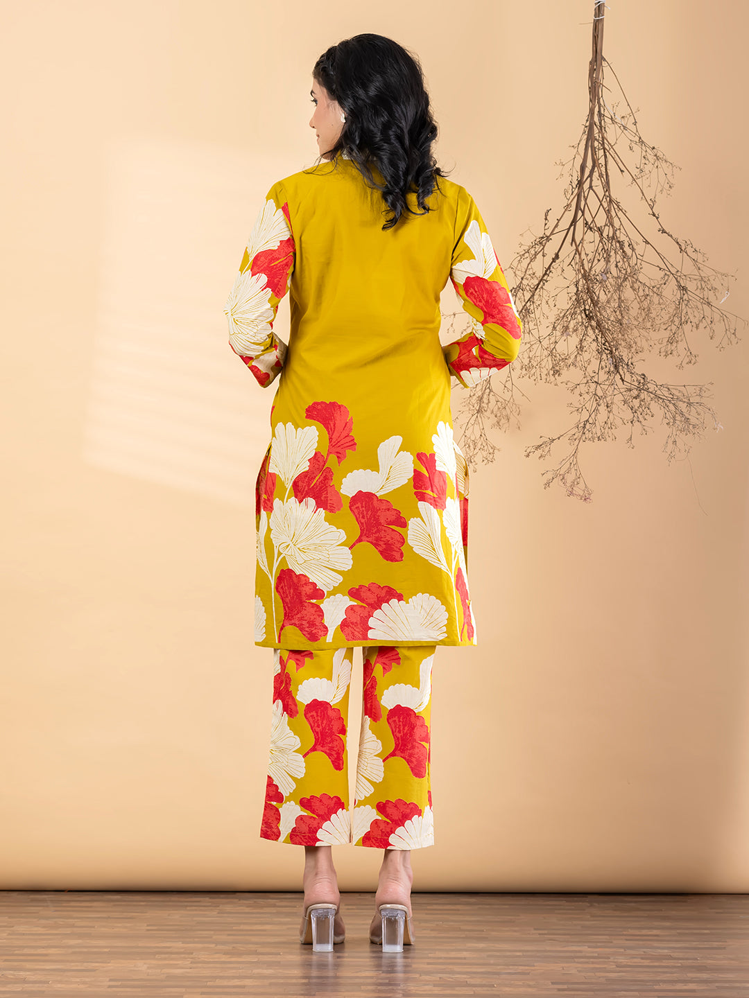 Mustard Yellow Floral Printed Kurta Pant Set for Women