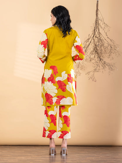 Mustard Yellow Floral Printed Kurta Pant Set for Women