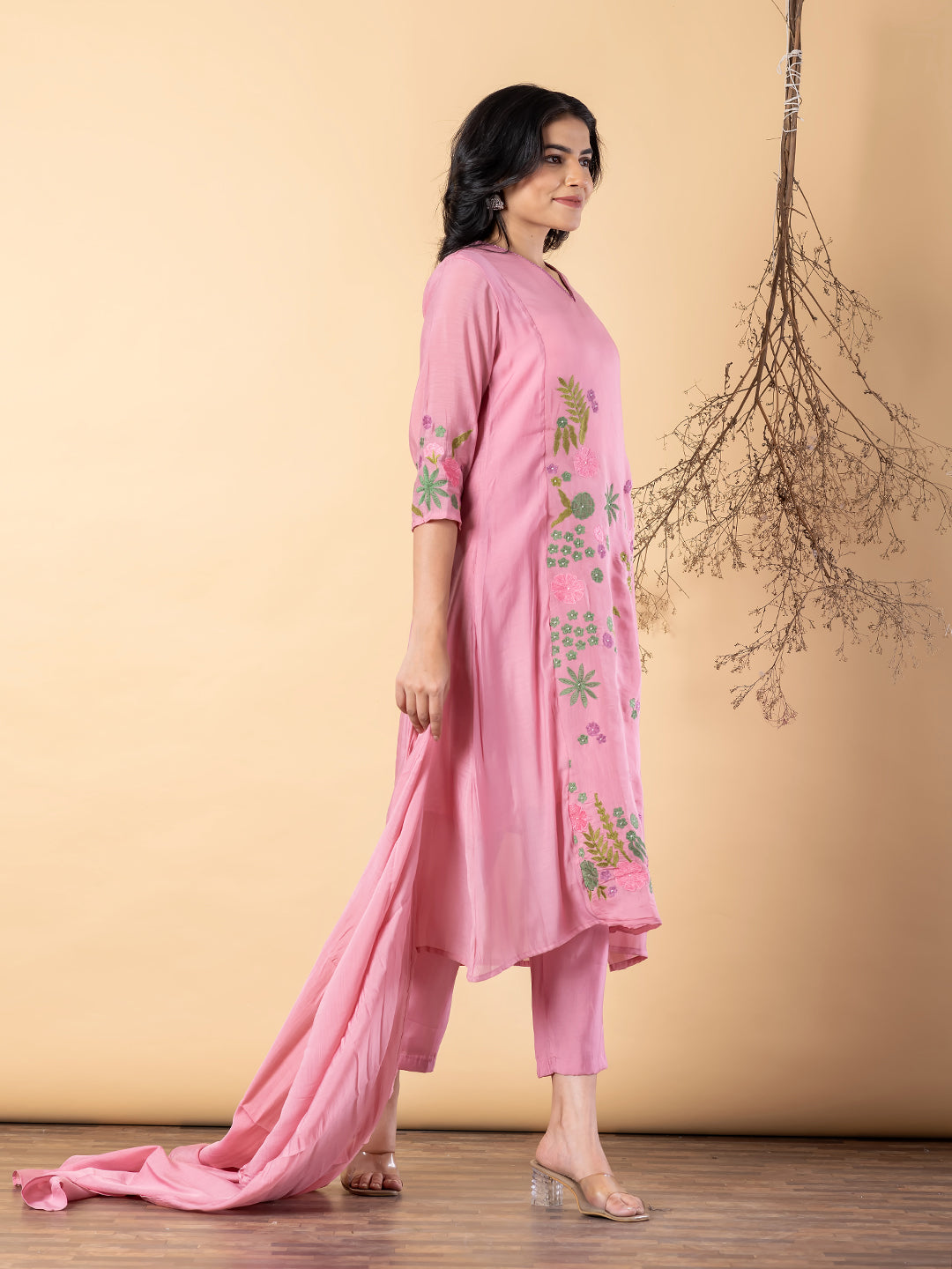 Women’s Pink Embroidered Kurta Set with Dupatta & Pants