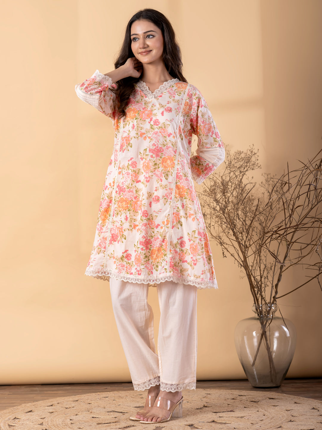 Women’s Cream Floral Printed Kurta Set with Pants – Ethnic Wear